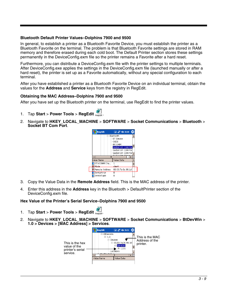 Obtaining the mac address, Dolphins 7900 and 9500 | Dolphin Peripherals 6100 User Manual | Page 59 / 176