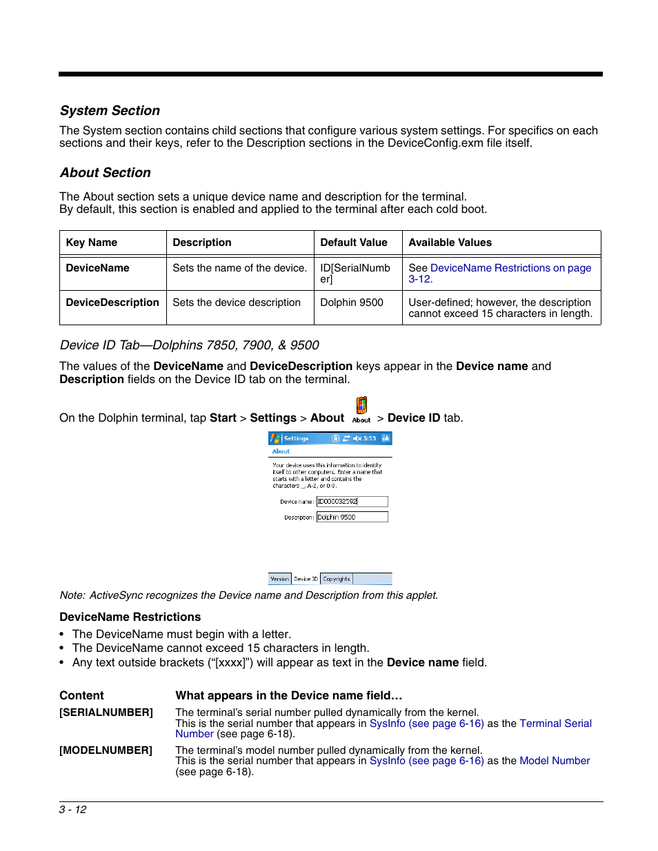 System section, System section -12, By default, all sections except the | About section | Dolphin Peripherals 6100 User Manual | Page 62 / 176