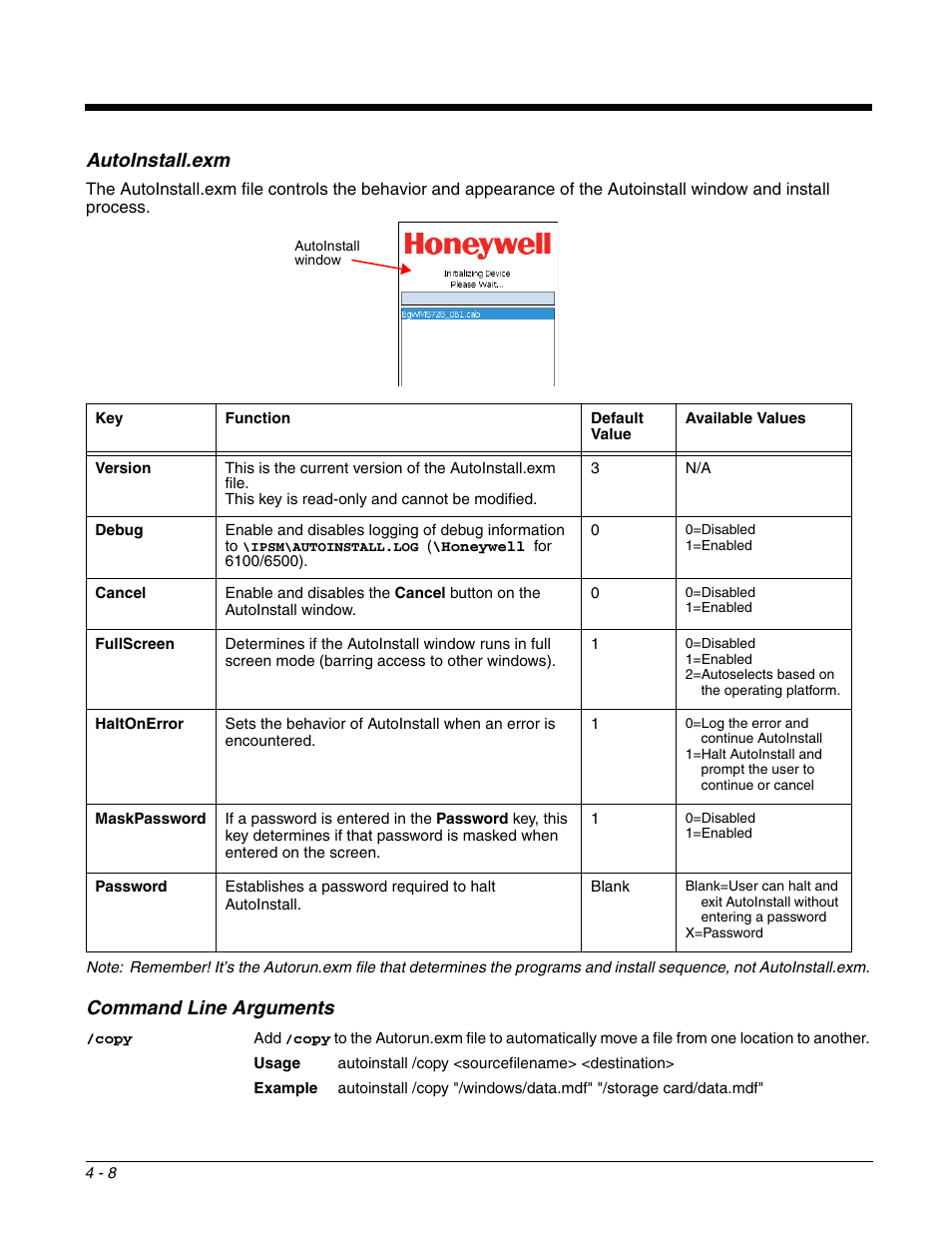 Autoinstall.exm, Command line arguments, Autoinstall.exm -8 command line arguments -8 | Argument. for details, see | Dolphin Peripherals 6100 User Manual | Page 76 / 176