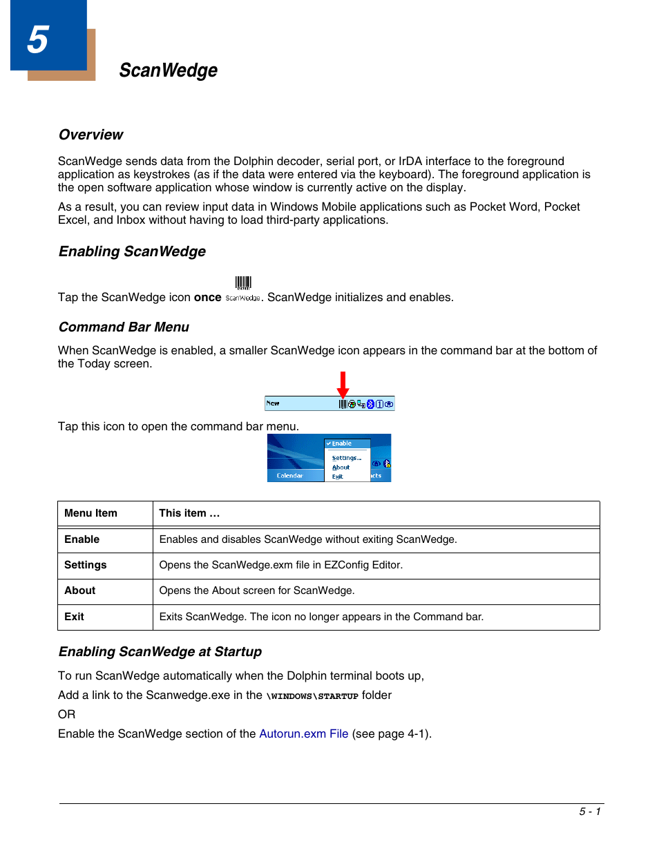 Scanwedge, Enabling scanwedge, Chapter 5 - scanwedge | Enabling scanwedge -1 | Dolphin Peripherals 6100 User Manual | Page 77 / 176