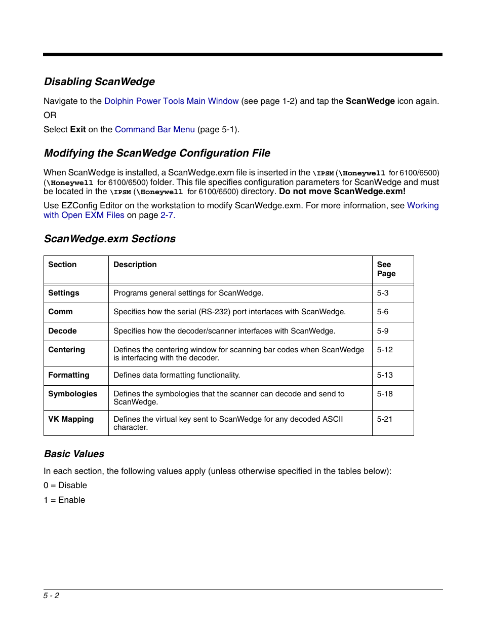 Scanwedge.exm sections, Scanwedge.exm sections -2, Disabling scanwedge | Modifying the scanwedge configuration file | Dolphin Peripherals 6100 User Manual | Page 78 / 176