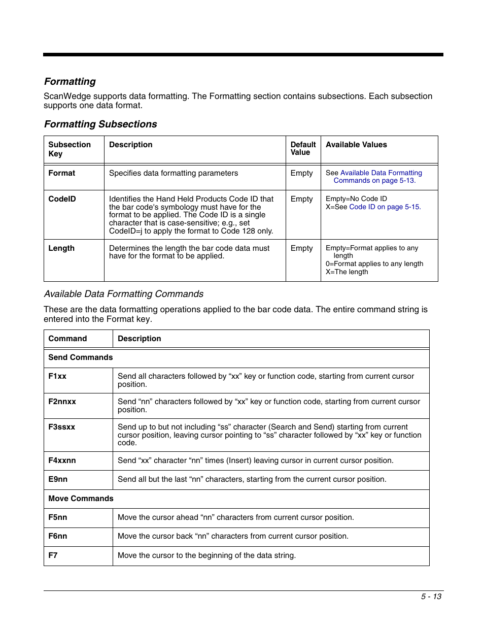 Formatting, Formatting -13, Available data formatting commands | Dolphin Peripherals 6100 User Manual | Page 89 / 176