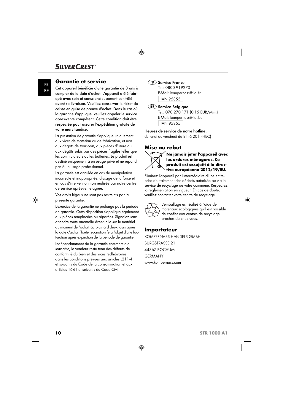 Garantie et service, Mise au rebut, Importateur | Silvercrest STR 1000 A1 User Manual | Page 13 / 34
