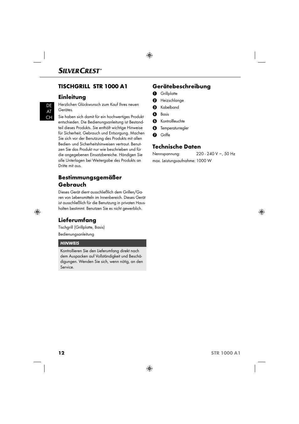 Bestimmungsgemäßer gebrauch, Lieferumfang, Gerätebeschreibung | Technische daten | Silvercrest STR 1000 A1 User Manual | Page 15 / 34