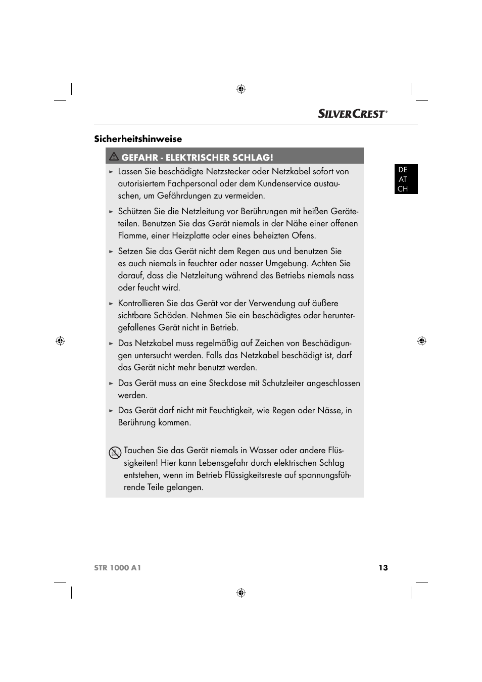 Sicherheitshinweise gefahr - elektrischer schlag | Silvercrest STR 1000 A1 User Manual | Page 16 / 34