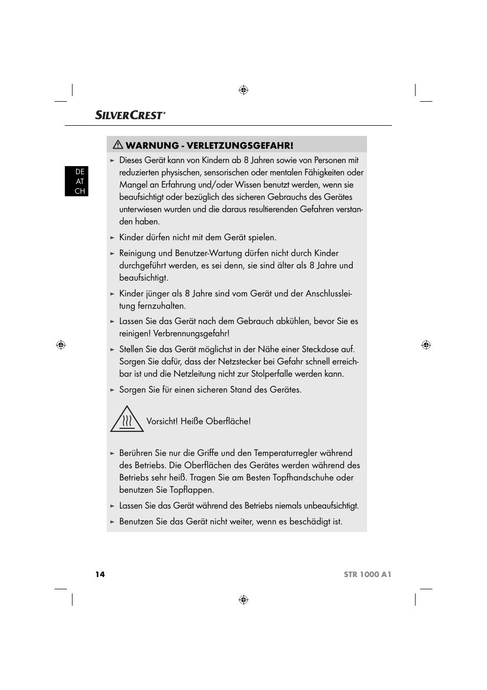 Warnung - verletzungsgefahr, Kinder dürfen nicht mit dem gerät spielen | Silvercrest STR 1000 A1 User Manual | Page 17 / 34