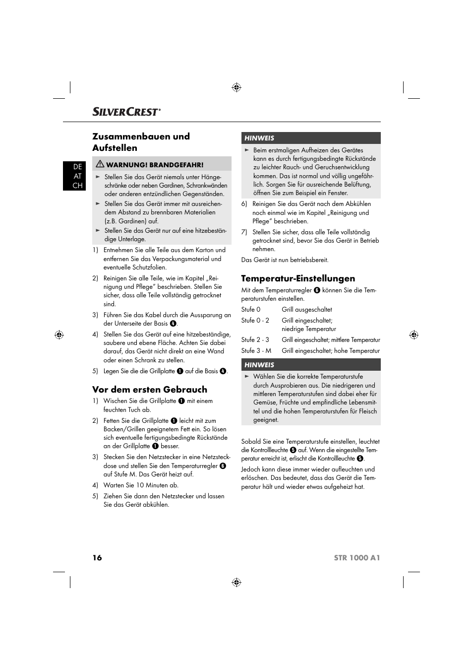 Zusammenbauen und aufstellen, Vor dem ersten gebrauch, Temperatur-einstellungen | Silvercrest STR 1000 A1 User Manual | Page 19 / 34