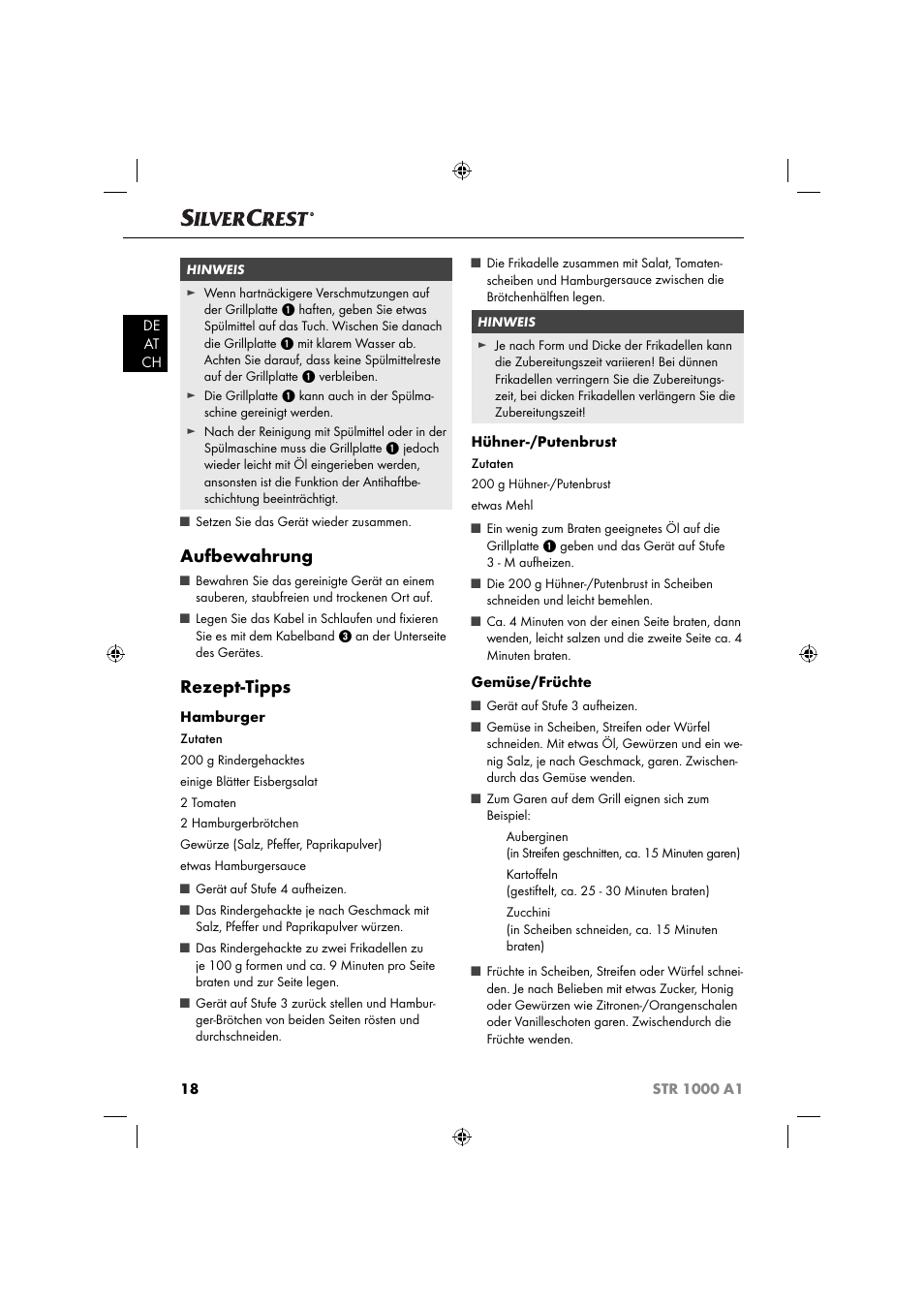 Aufbewahrung, Rezept-tipps | Silvercrest STR 1000 A1 User Manual | Page 21 / 34