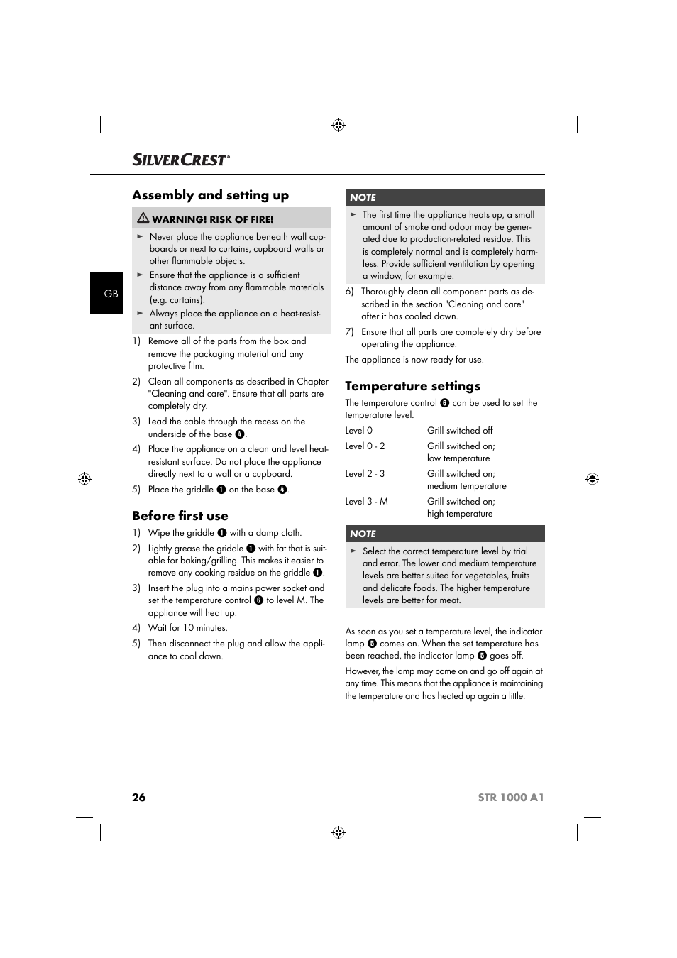 Assembly and setting up, Before ﬁ rst use, Temperature settings | Silvercrest STR 1000 A1 User Manual | Page 29 / 34