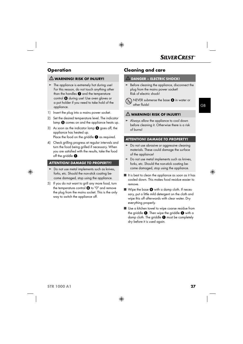 Operation, Cleaning and care | Silvercrest STR 1000 A1 User Manual | Page 30 / 34