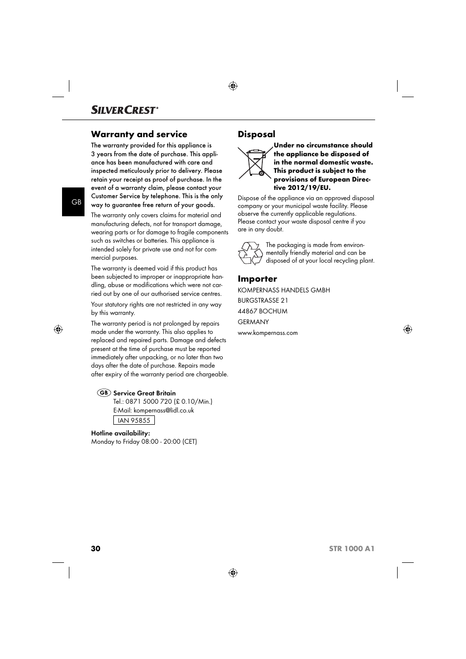 Warranty and service, Disposal, Importer | Silvercrest STR 1000 A1 User Manual | Page 33 / 34