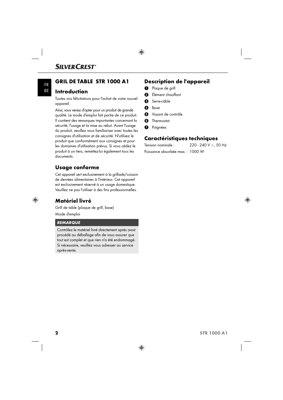 Usage conforme, Matériel livré, Description de l'appareil | Caractéristiques techniques | Silvercrest STR 1000 A1 User Manual | Page 5 / 34
