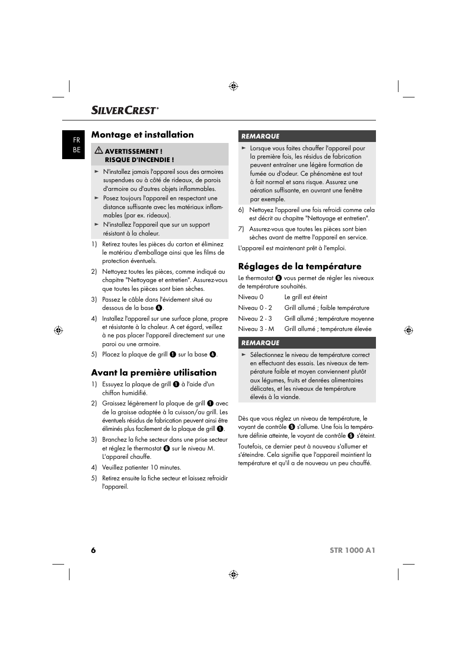 Montage et installation, Avant la première utilisation, Réglages de la température | Silvercrest STR 1000 A1 User Manual | Page 9 / 34