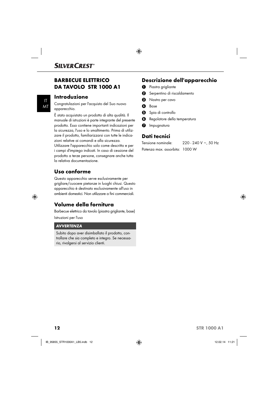 Uso conforme, Volume della fornitura, Descrizione dell'apparecchio | Dati tecnici | Silvercrest STR 1000 A1 User Manual | Page 15 / 44