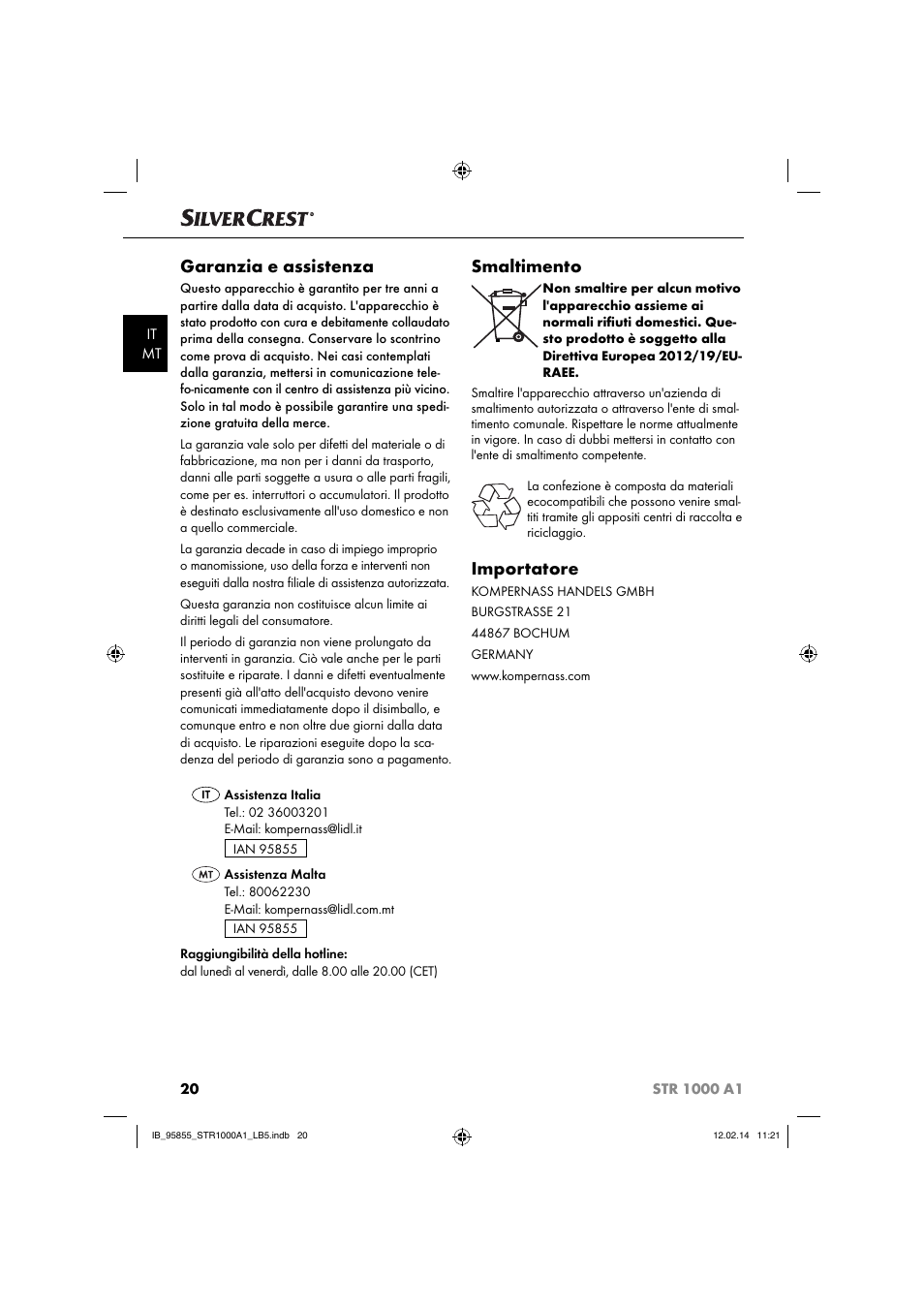 Garanzia e assistenza, Smaltimento, Importatore | Silvercrest STR 1000 A1 User Manual | Page 23 / 44