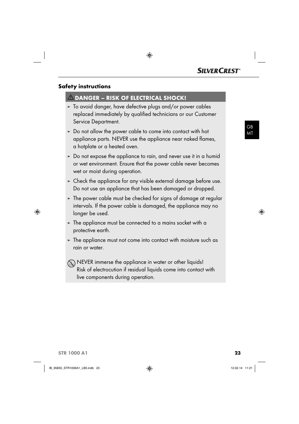 Safety instructions, Danger – risk of electrical shock | Silvercrest STR 1000 A1 User Manual | Page 26 / 44