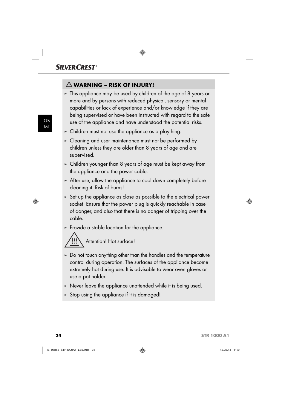 Warning – risk of injury, Children must not use the appliance as a plaything, Stop using the appliance if it is damaged | Silvercrest STR 1000 A1 User Manual | Page 27 / 44