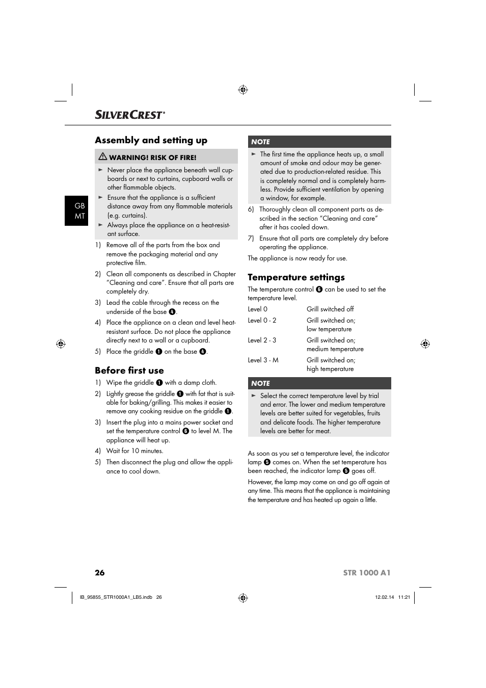 Assembly and setting up, Before ﬁ rst use, Temperature settings | Silvercrest STR 1000 A1 User Manual | Page 29 / 44