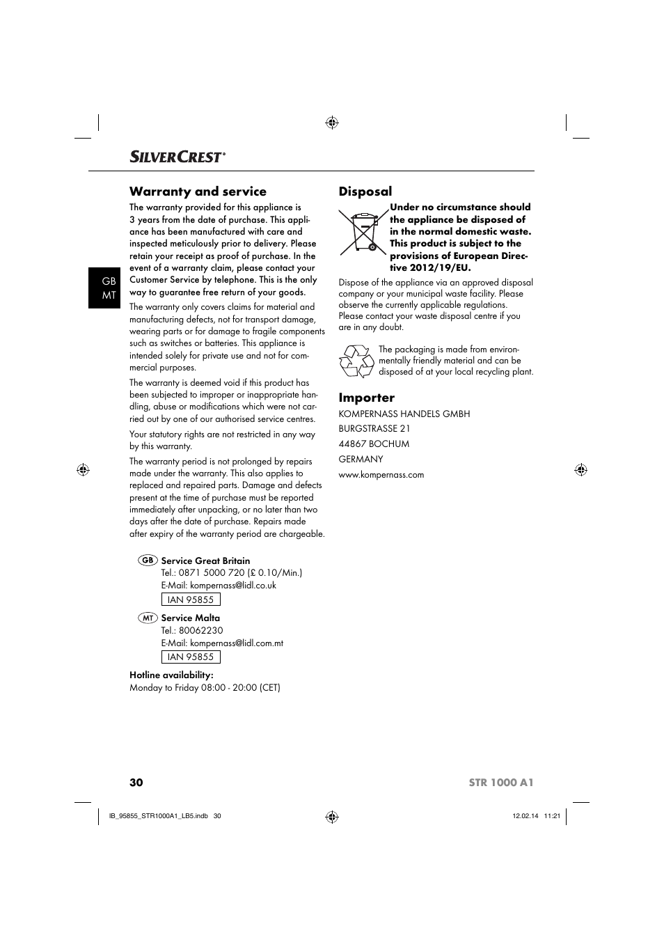 Warranty and service, Disposal, Importer | Silvercrest STR 1000 A1 User Manual | Page 33 / 44