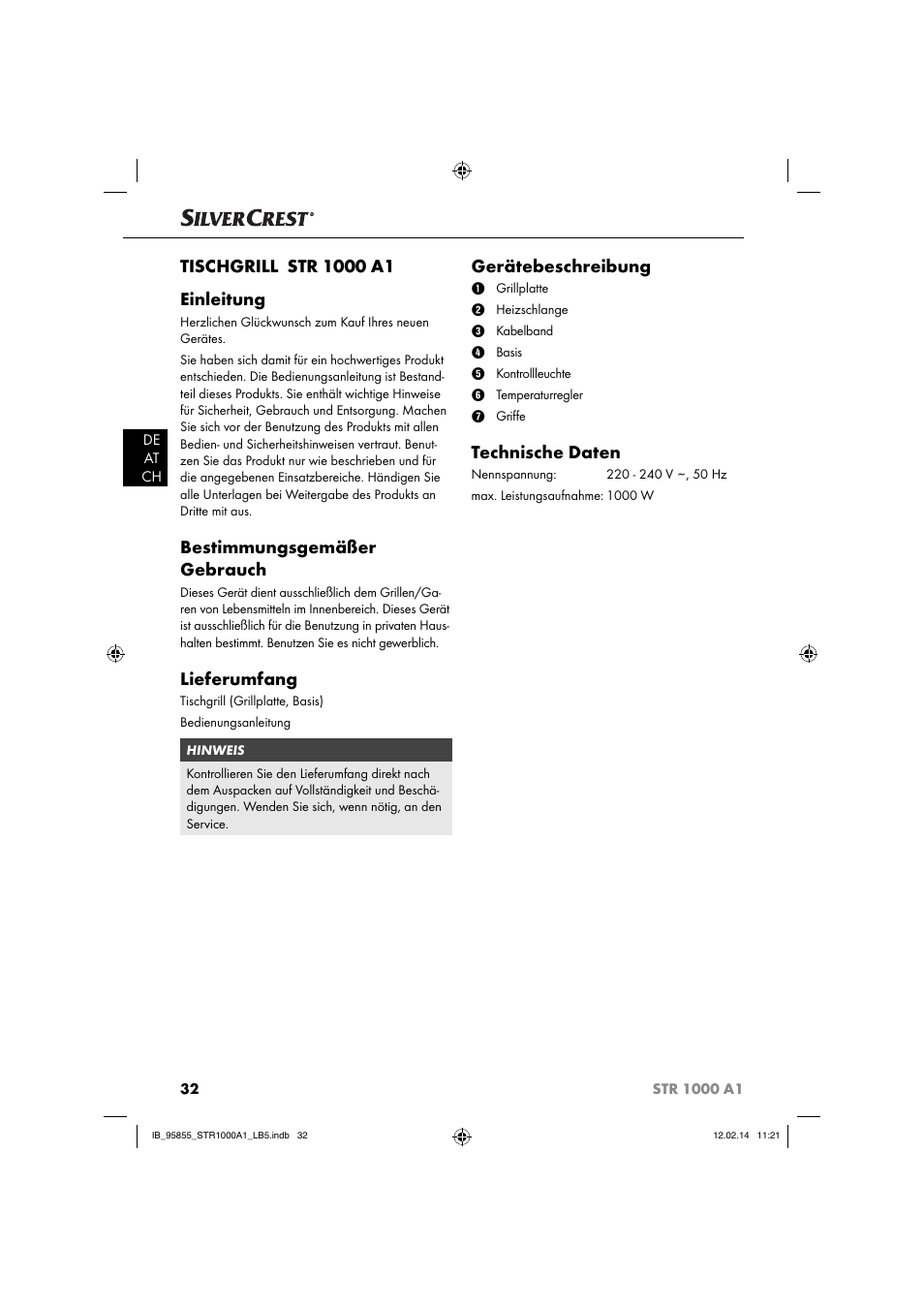 Bestimmungsgemäßer gebrauch, Lieferumfang, Gerätebeschreibung | Technische daten | Silvercrest STR 1000 A1 User Manual | Page 35 / 44