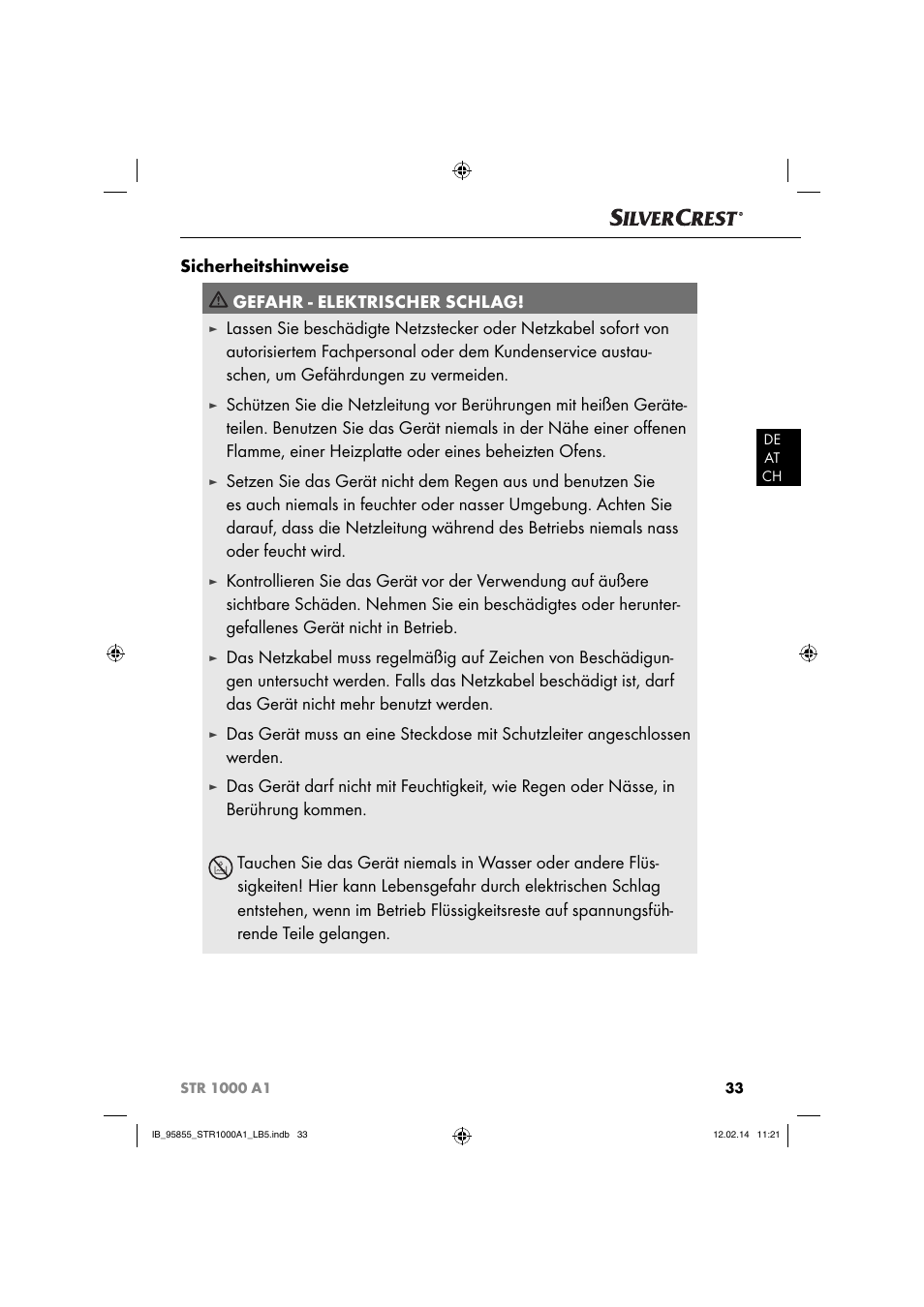 Sicherheitshinweise gefahr - elektrischer schlag | Silvercrest STR 1000 A1 User Manual | Page 36 / 44