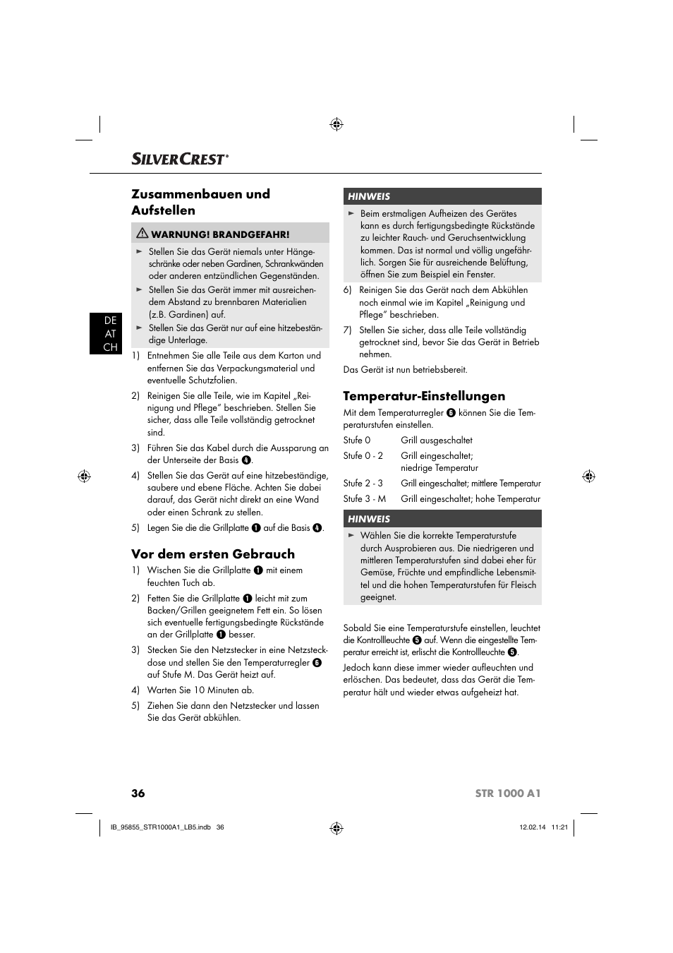 Zusammenbauen und aufstellen, Vor dem ersten gebrauch, Temperatur-einstellungen | Silvercrest STR 1000 A1 User Manual | Page 39 / 44