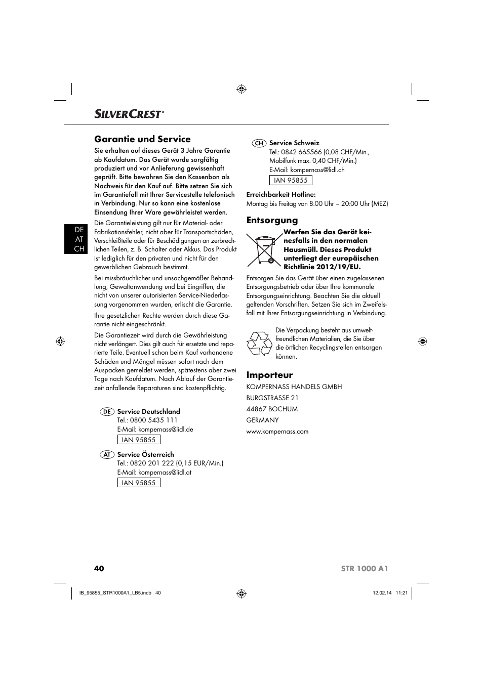 Garantie und service, Entsorgung, Importeur | Silvercrest STR 1000 A1 User Manual | Page 43 / 44