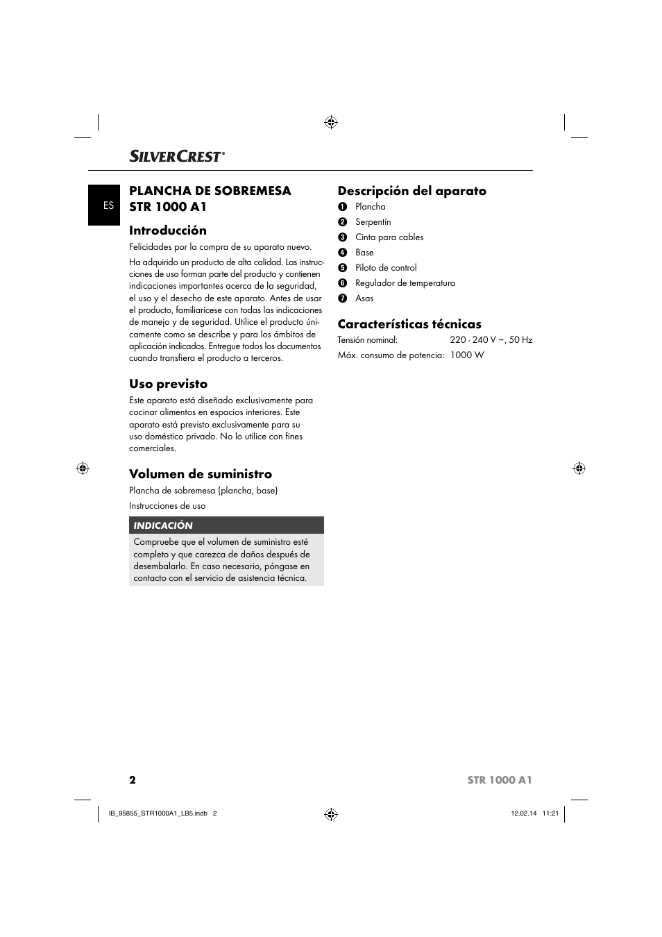 Uso previsto, Volumen de suministro, Descripción del aparato | Características técnicas | Silvercrest STR 1000 A1 User Manual | Page 5 / 44