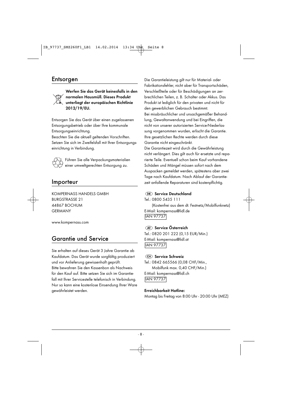 Entsorgen, Importeur, Garantie und service | Silvercrest SMZ 260 F1 User Manual | Page 11 / 44