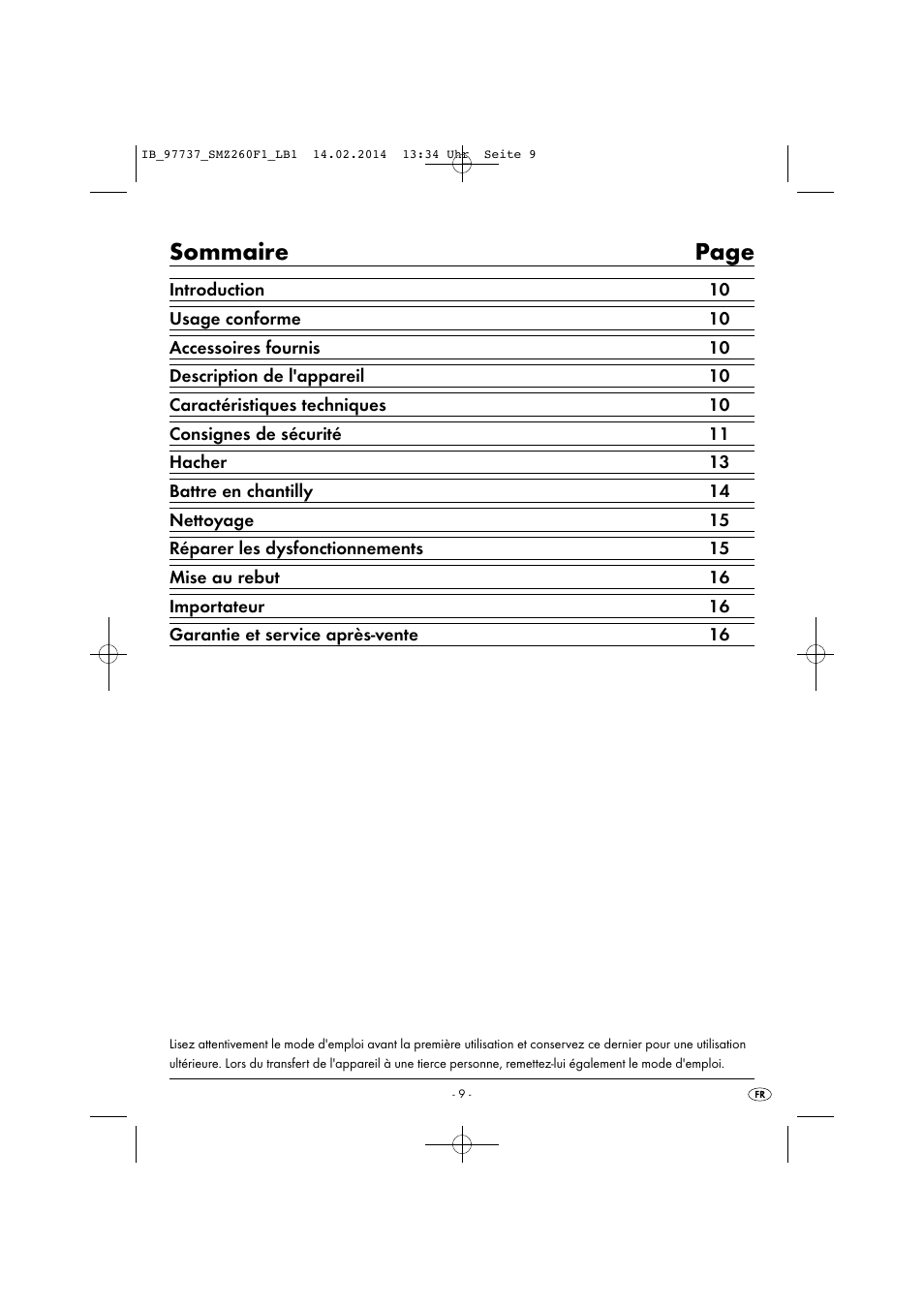 Sommaire page | Silvercrest SMZ 260 F1 User Manual | Page 12 / 44