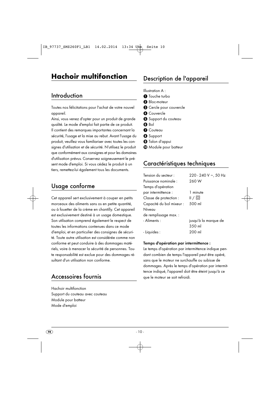 Hachoir multifonction, Introduction, Usage conforme | Accessoires fournis, Description de l'appareil, Caractéristiques techniques | Silvercrest SMZ 260 F1 User Manual | Page 13 / 44