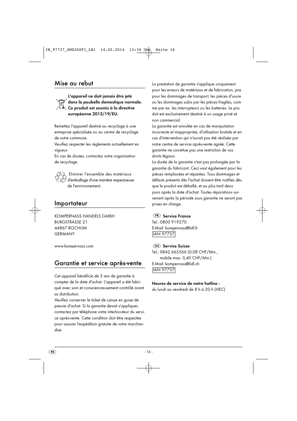 Mise au rebut, Importateur, Garantie et service après-vente | Silvercrest SMZ 260 F1 User Manual | Page 19 / 44