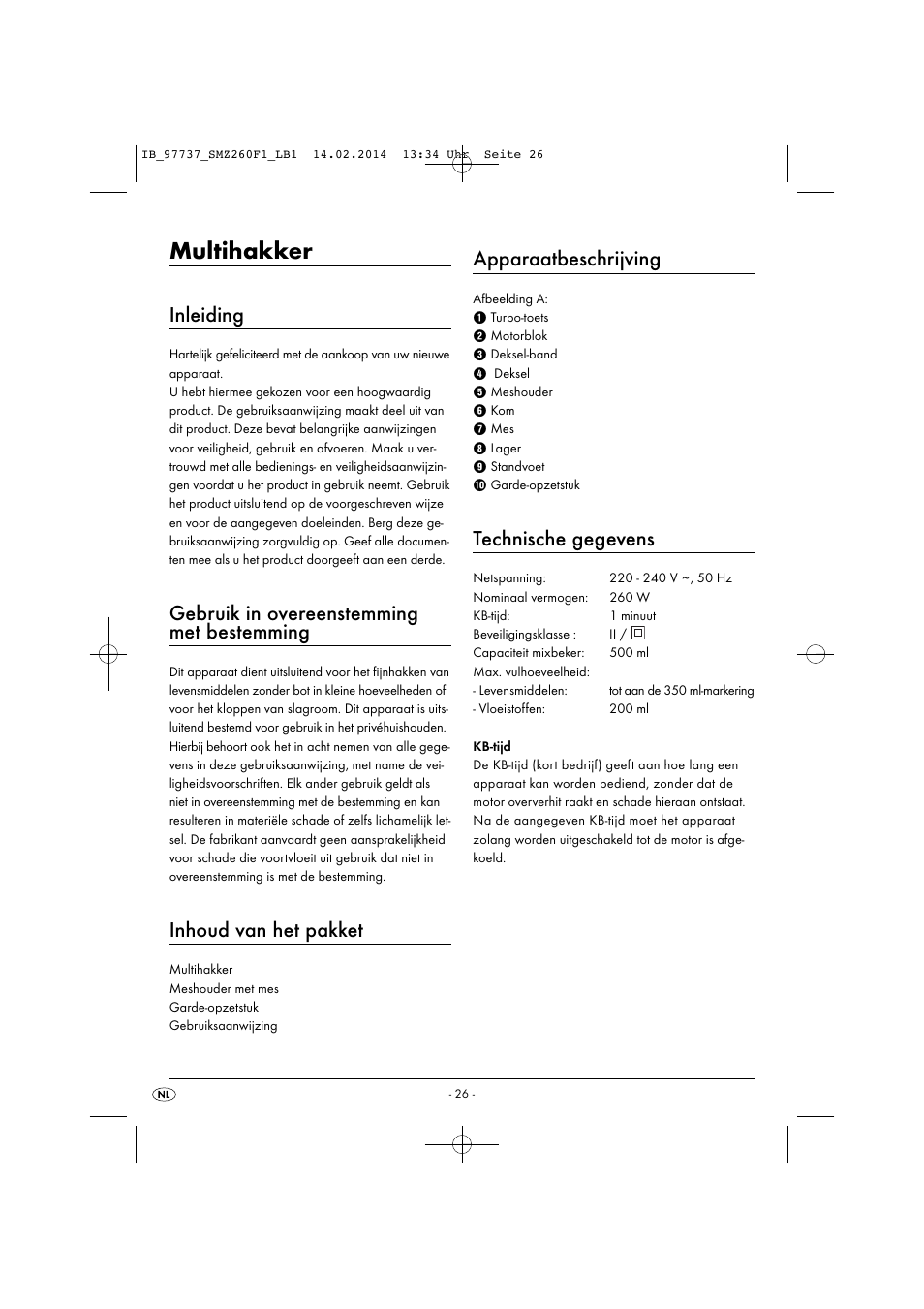 Multihakker, Inleiding, Gebruik in overeenstemming met bestemming | Inhoud van het pakket, Apparaatbeschrijving, Technische gegevens | Silvercrest SMZ 260 F1 User Manual | Page 29 / 44