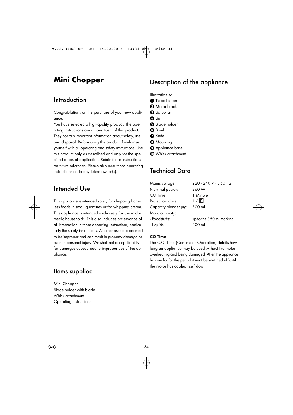 Mini chopper, Introduction, Intended use | Items supplied, Description of the appliance, Technical data | Silvercrest SMZ 260 F1 User Manual | Page 37 / 44