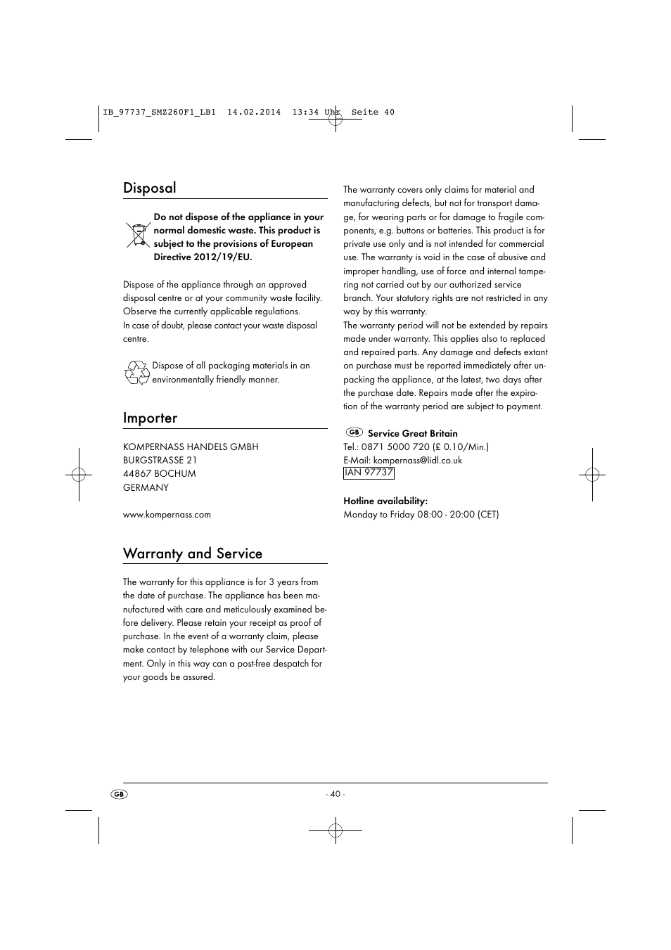Disposal, Importer, Warranty and service | Silvercrest SMZ 260 F1 User Manual | Page 43 / 44