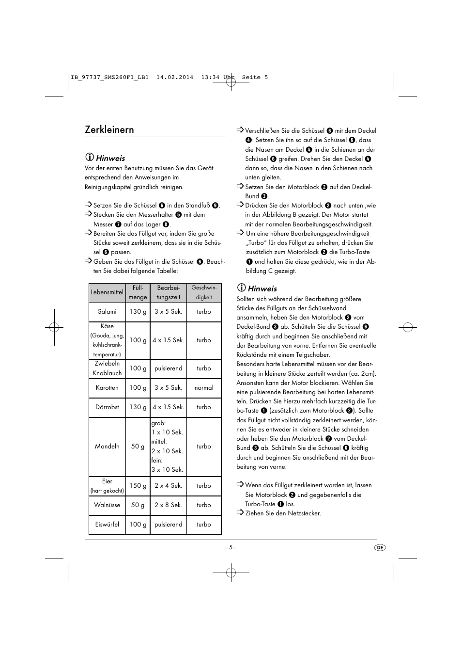 Zerkleinern, Hinweis | Silvercrest SMZ 260 F1 User Manual | Page 8 / 44