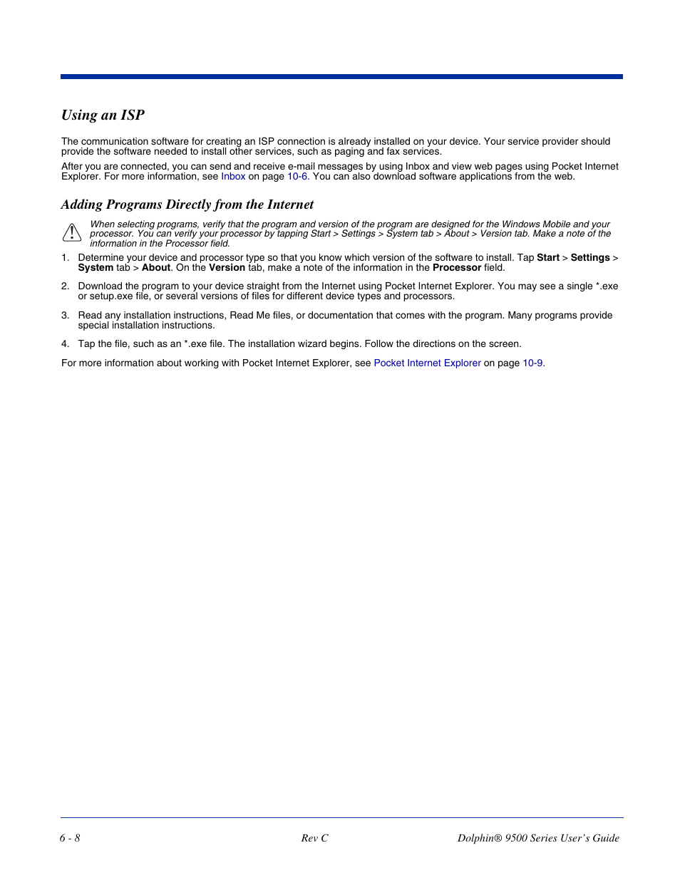 Using an isp, Adding programs directly from the internet, Using an isp -8 | Adding programs directly from the internet -8 | Dolphin Peripherals 9500 User Manual | Page 100 / 264