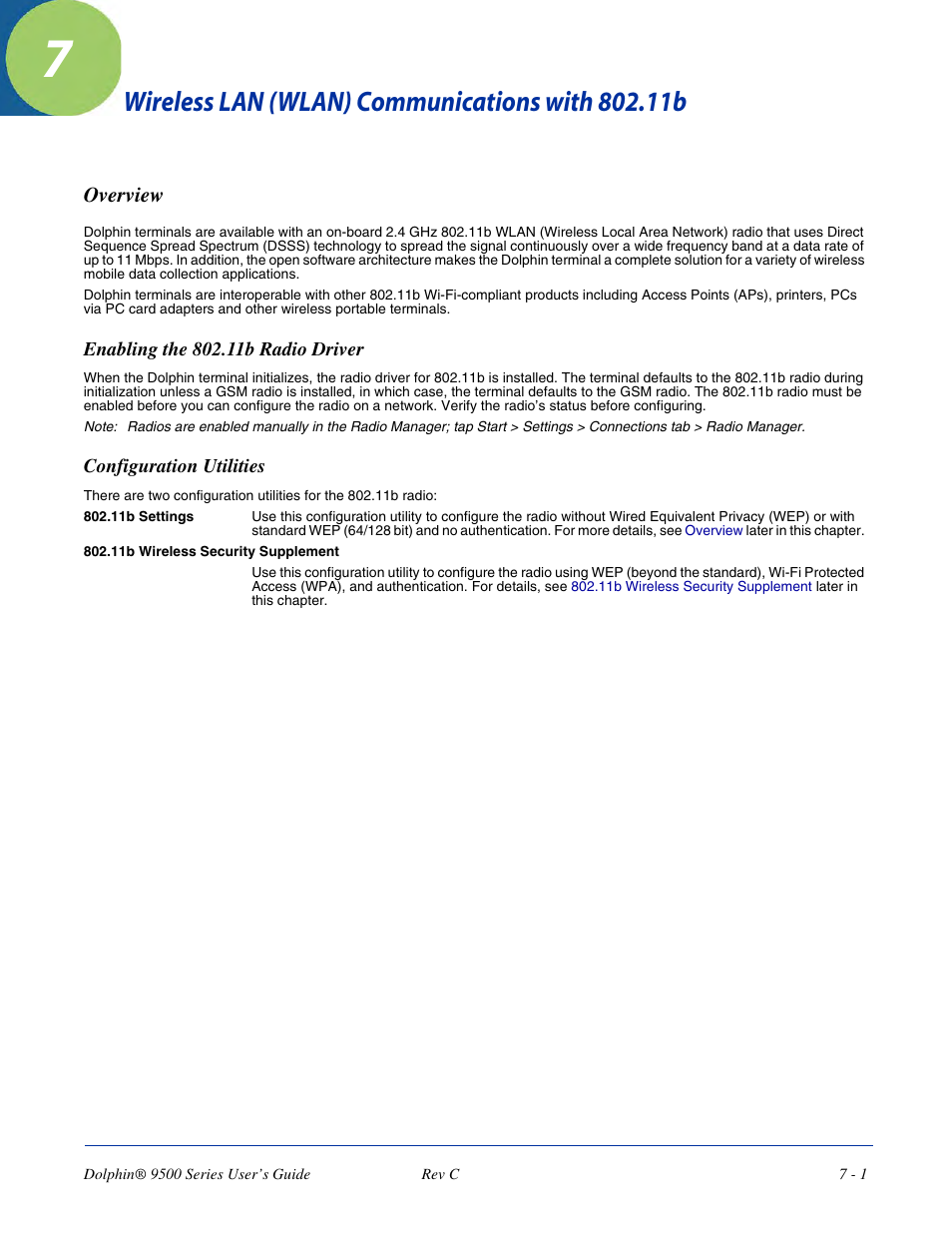 Wireless lan (wlan) communications with 802.11b, Overview, Enabling the 802.11b radio driver | Configuration utilities, Overview -1, For more information about 802.11b radios, see | Dolphin Peripherals 9500 User Manual | Page 101 / 264