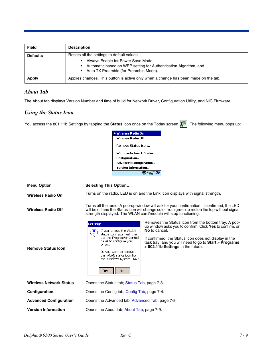 About tab, Using the status icon, About tab -9 using the status icon -9 | Dolphin Peripherals 9500 User Manual | Page 109 / 264
