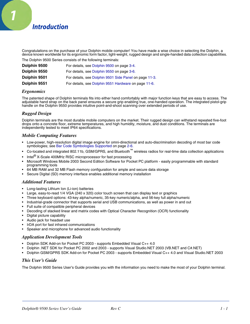 Introduction, Chapter 1 - introduction | Dolphin Peripherals 9500 User Manual | Page 11 / 264