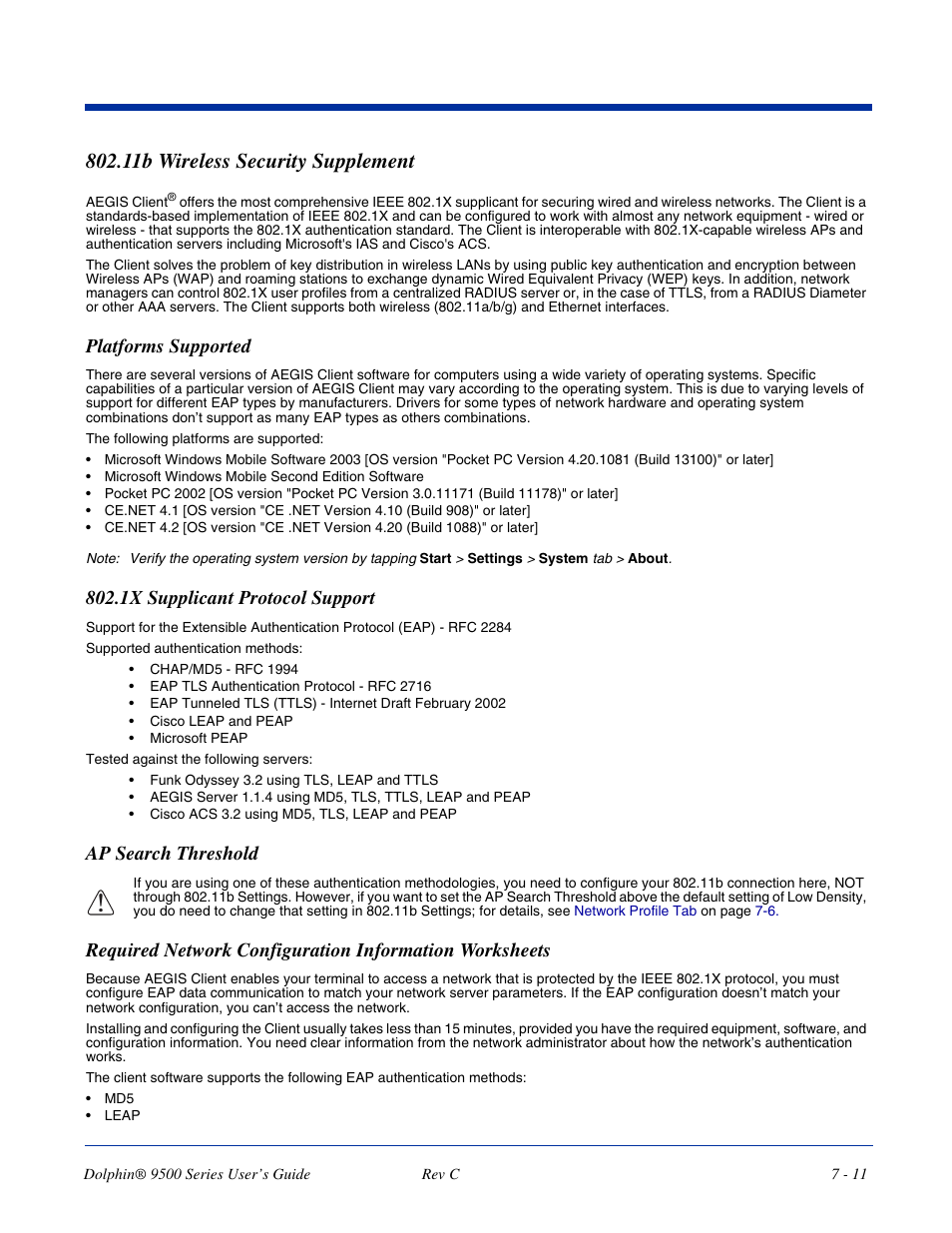 11b wireless security supplement, 11b wireless security supplement -11, Platforms supported | 1x supplicant protocol support, Ap search threshold | Dolphin Peripherals 9500 User Manual | Page 111 / 264