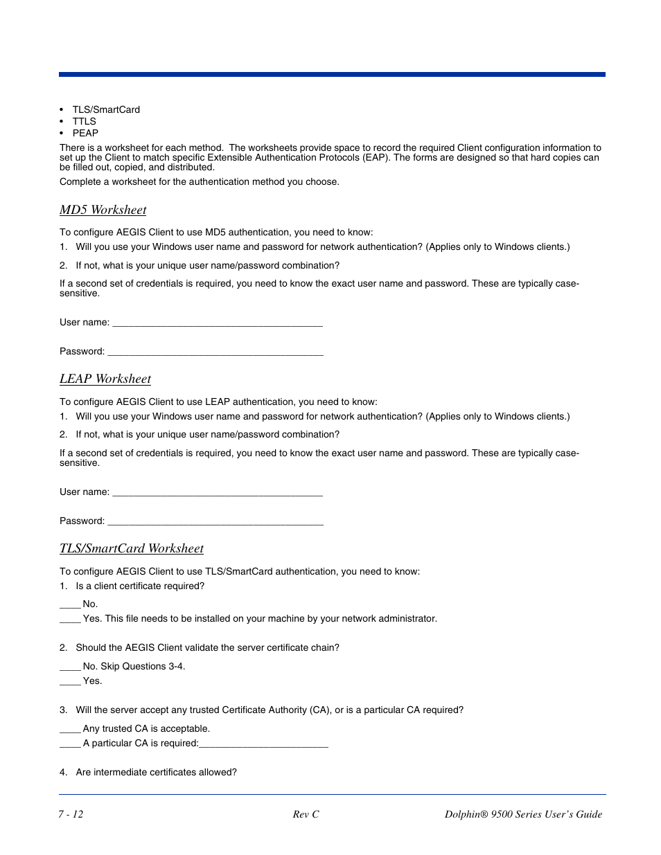 Md5 worksheet, Leap worksheet, Tls/smartcard worksheet | Dolphin Peripherals 9500 User Manual | Page 112 / 264