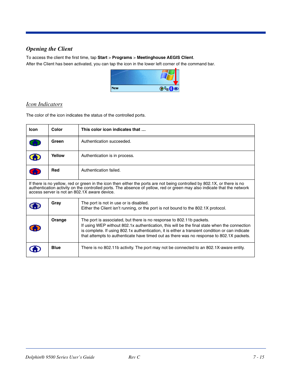 Opening the client, Opening the client -15, Icon indicators | Dolphin Peripherals 9500 User Manual | Page 115 / 264