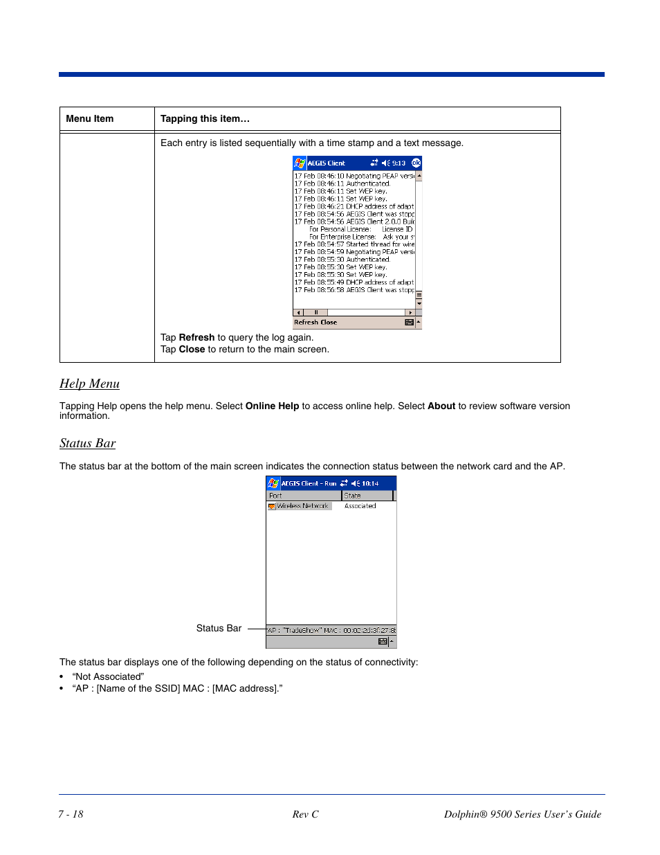 Help menu, Status bar | Dolphin Peripherals 9500 User Manual | Page 118 / 264