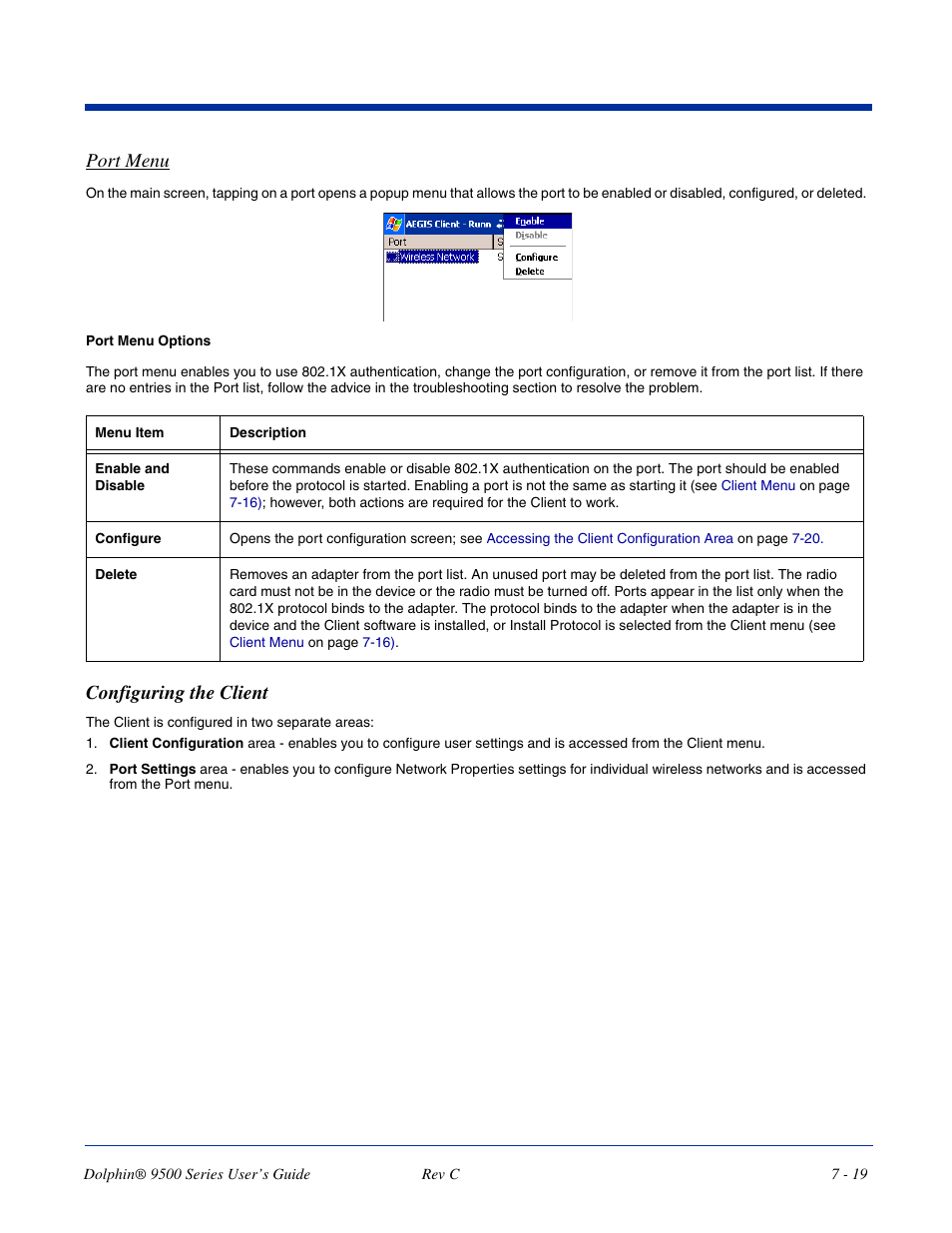 Configuring the client, Configuring the client -19, Port menu | Dolphin Peripherals 9500 User Manual | Page 119 / 264