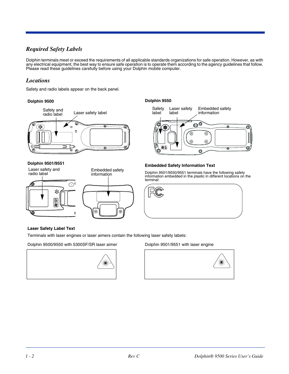 Required safety labels, Locations, Required safety labels -2 | Locations -2 | Dolphin Peripherals 9500 User Manual | Page 12 / 264