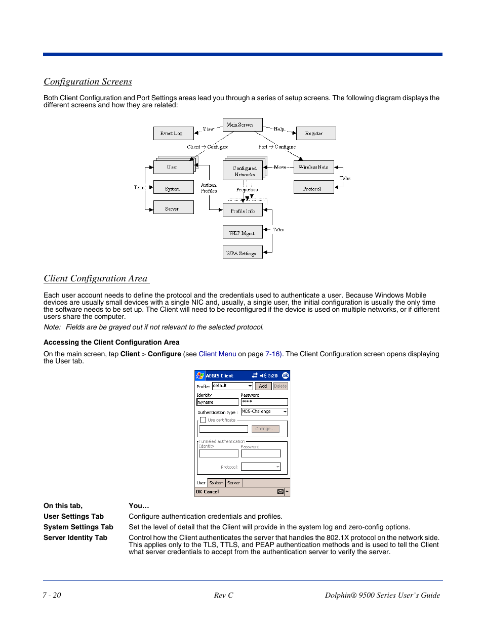 Configuration screens, Client configuration area | Dolphin Peripherals 9500 User Manual | Page 120 / 264