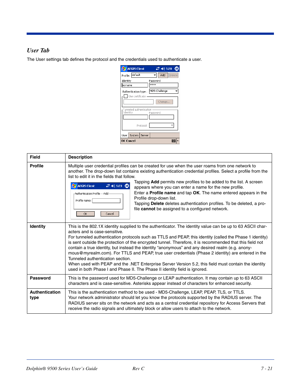 User tab | Dolphin Peripherals 9500 User Manual | Page 121 / 264