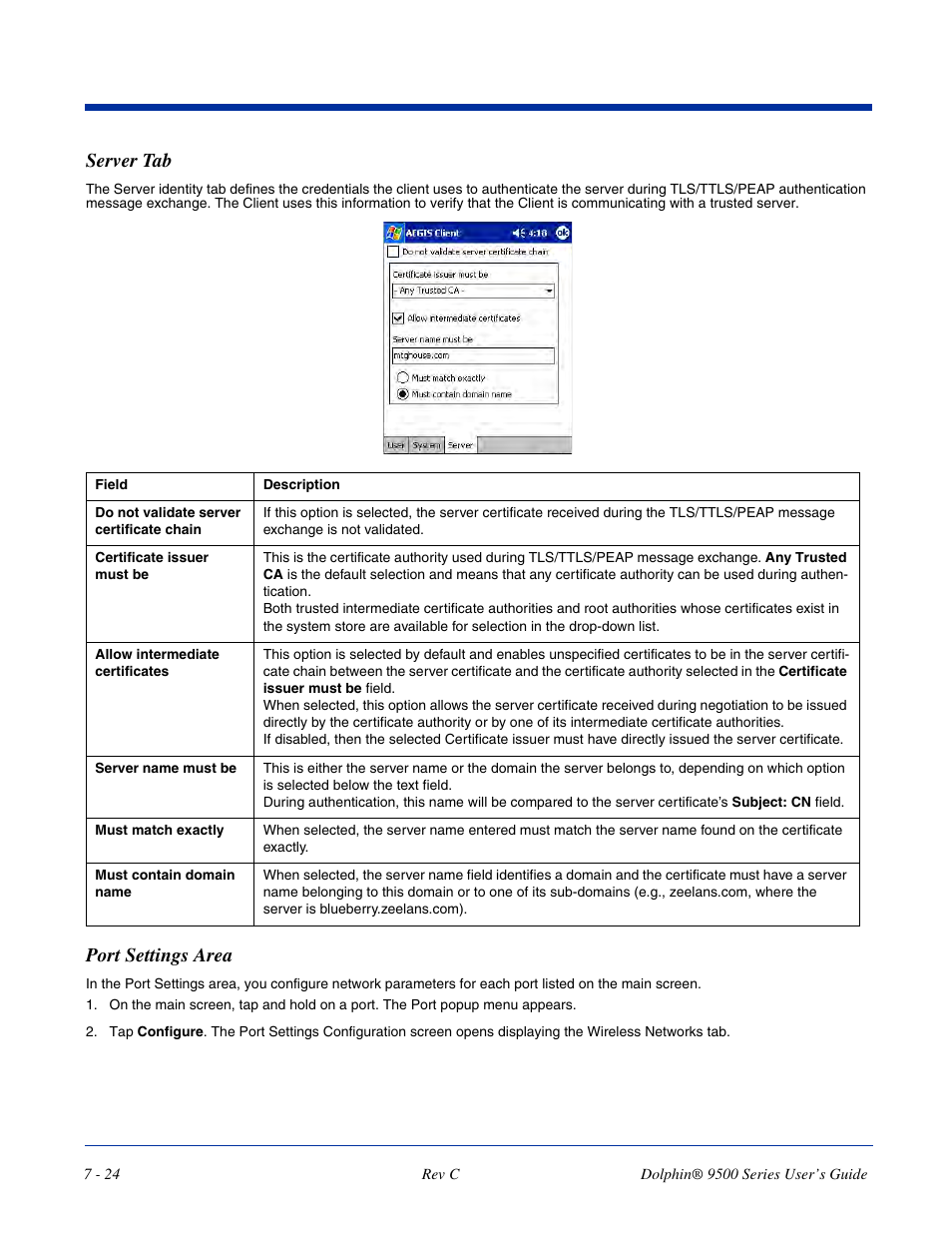 Server tab, Port settings area | Dolphin Peripherals 9500 User Manual | Page 124 / 264