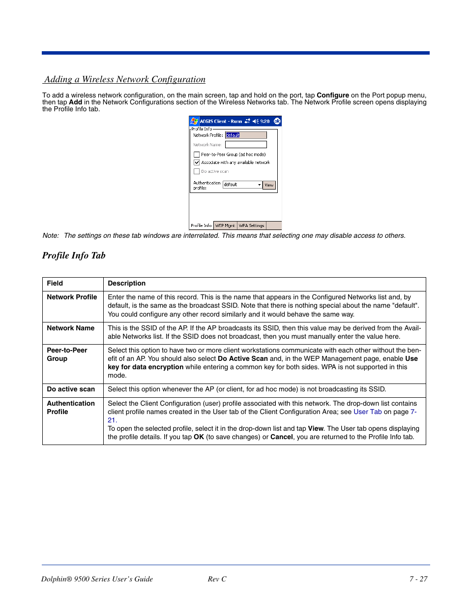 Adding a wireless network configuration, Profile info tab | Dolphin Peripherals 9500 User Manual | Page 127 / 264